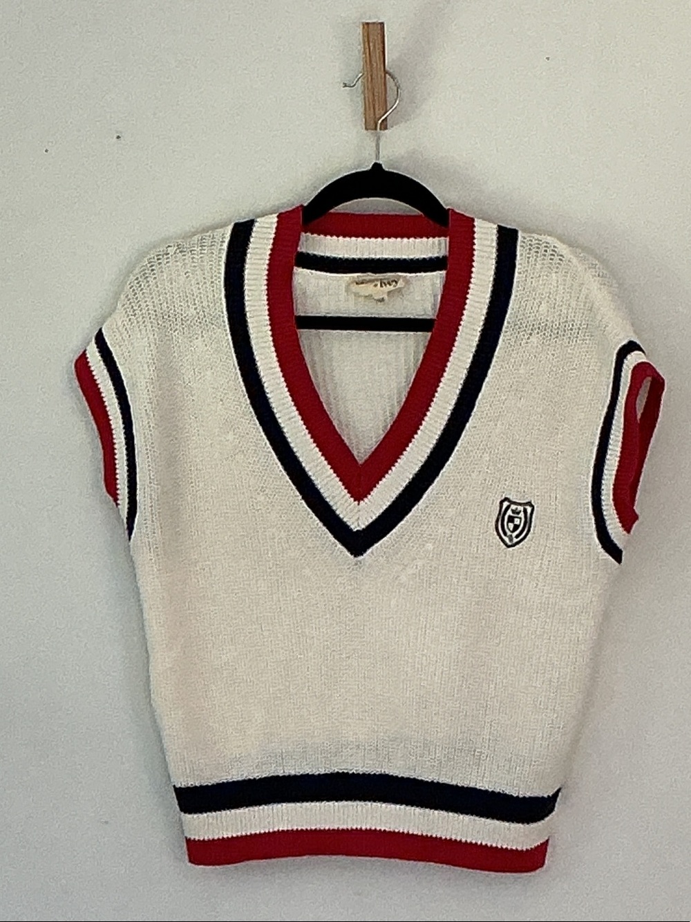Ivory V-Neck Sweater Vest with Red & Navy Trim
